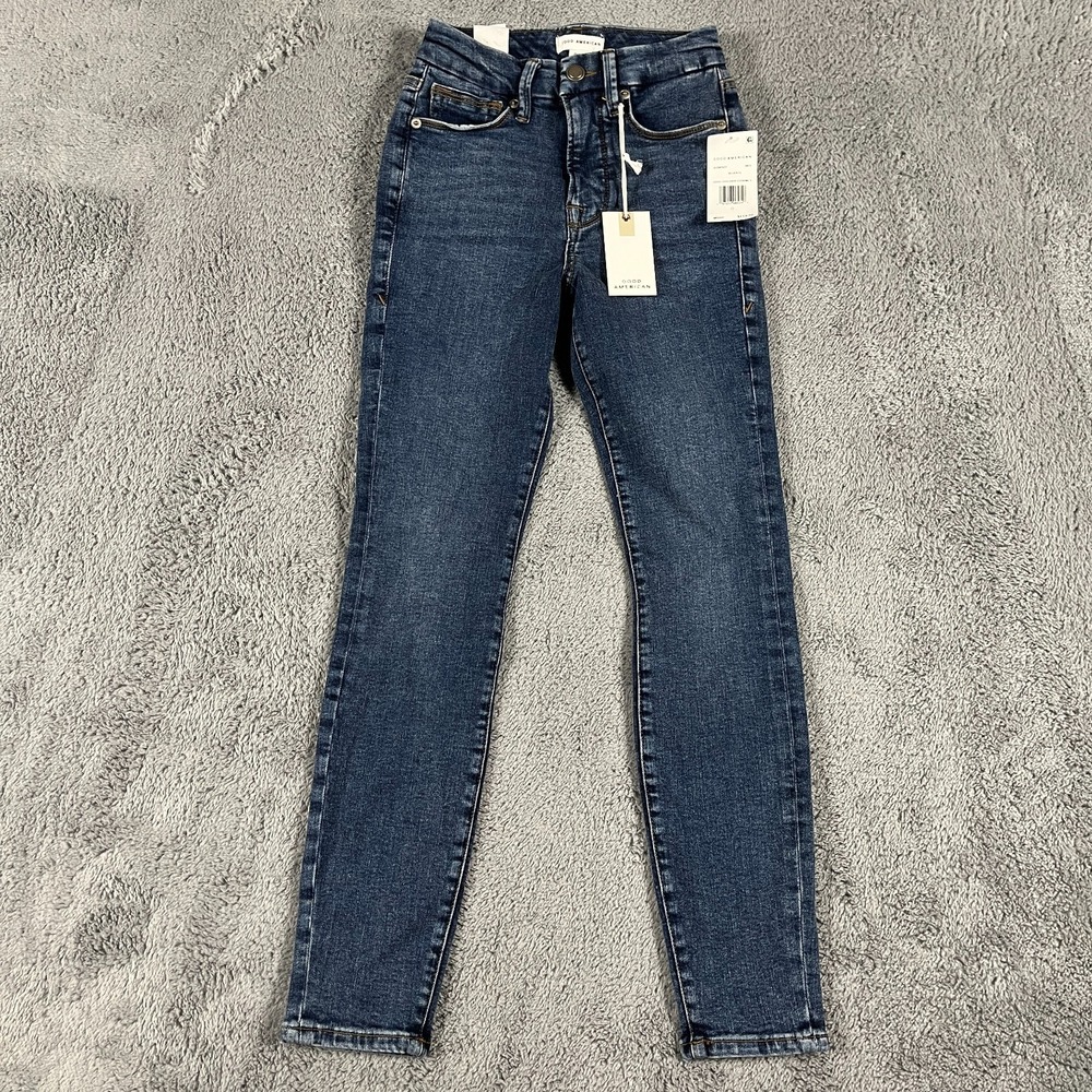 Good American Jeans Good Legs Crop Blue Denim Womens 0 25 Whiskered Stretch
